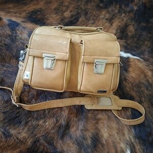 Vintage Marsand Camera Gear Bag Camel Faux Leather Padded Interior Long Strap